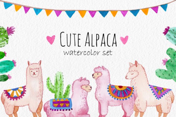 Cute Alpaca. Watercolor Cliparts Pattern