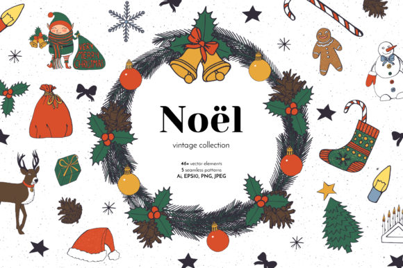 Noel Christmas Vintage Line Art